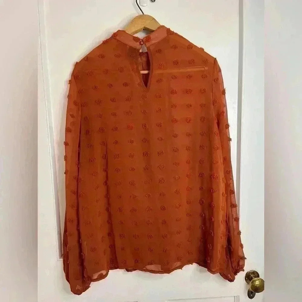 SHEIN Orange Blouse with Pom Poms and a Singapore Collar Size Lg. - Picture 6 of 10